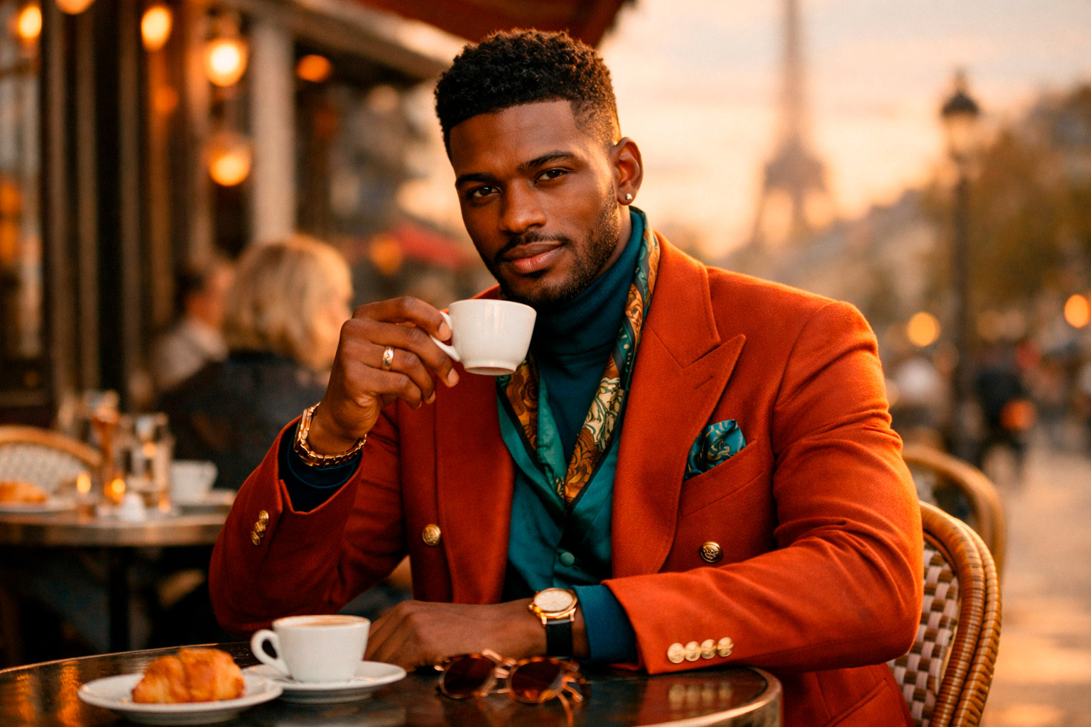Elegante hombre guapo afrodescendiente tomando café en una terraza de París