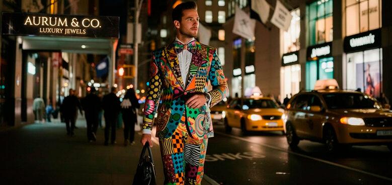 hombre con traje colorido paseando de noche