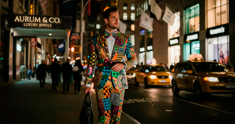 hombre con traje colorido paseando de noche