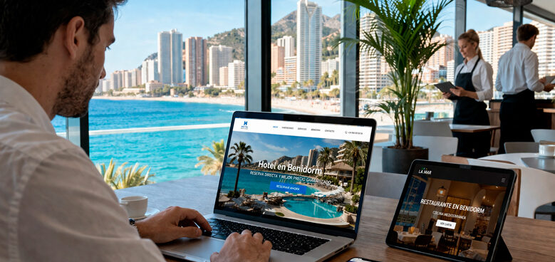 Hombre buscando hoteles en Benidorm por Internet