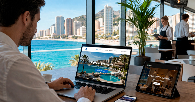 Hombre buscando hoteles en Benidorm por Internet
