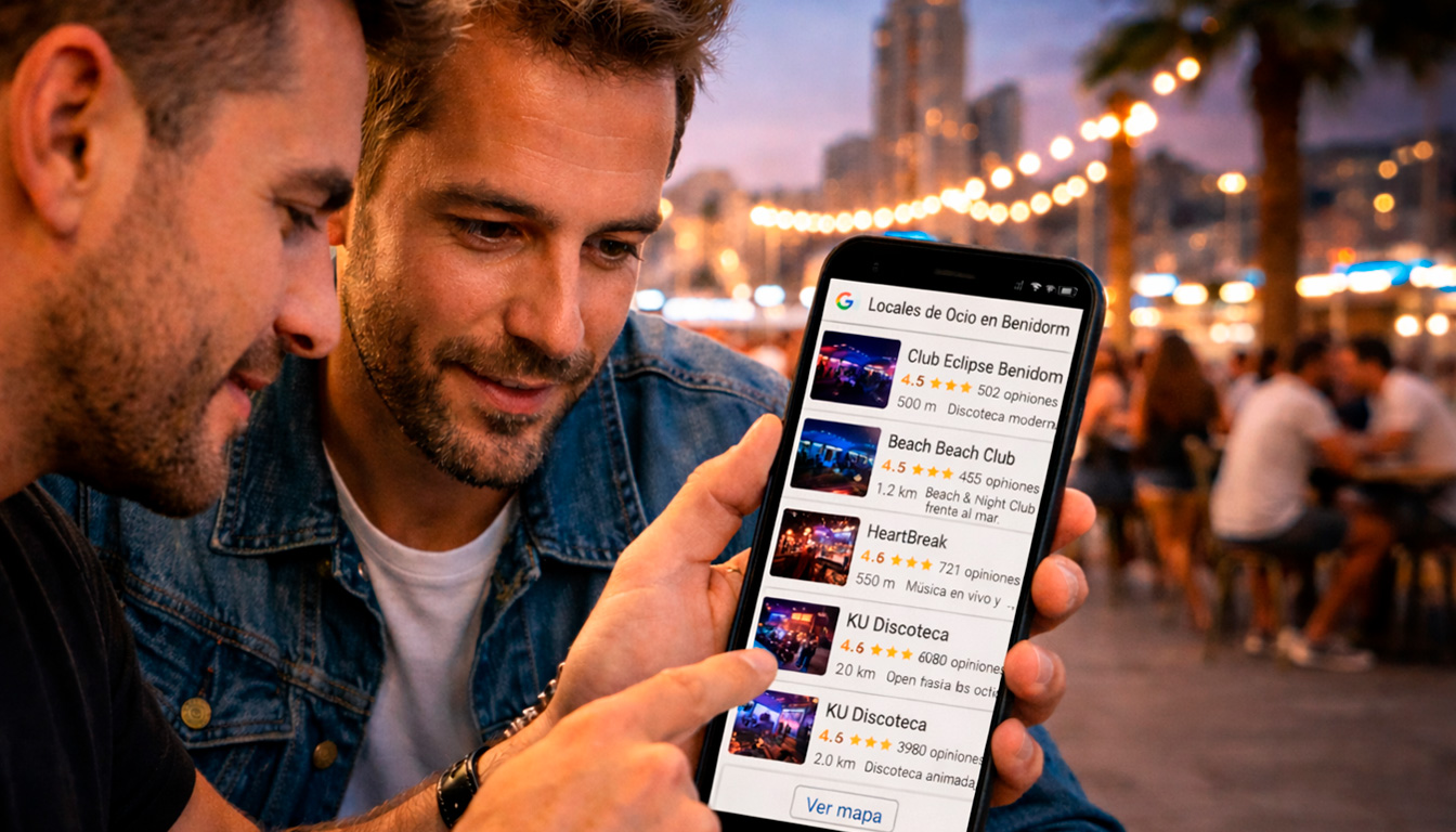 dos amigos buscan por internet locales de ocio en Benidorm