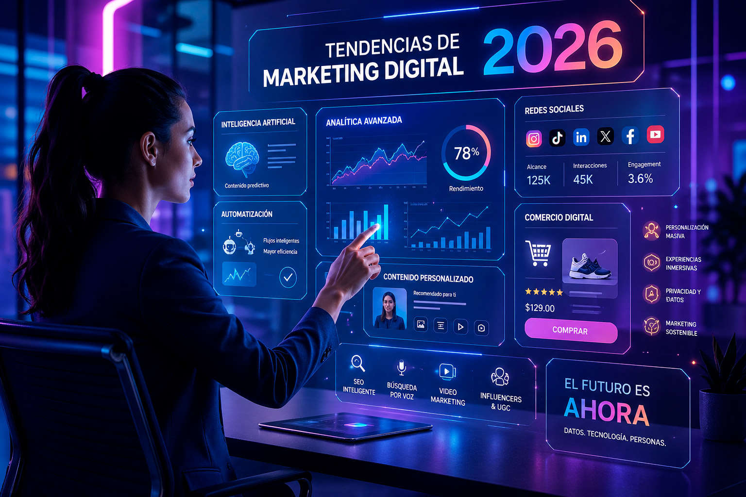 Mujer trabajando marketing digital sobre pantalla