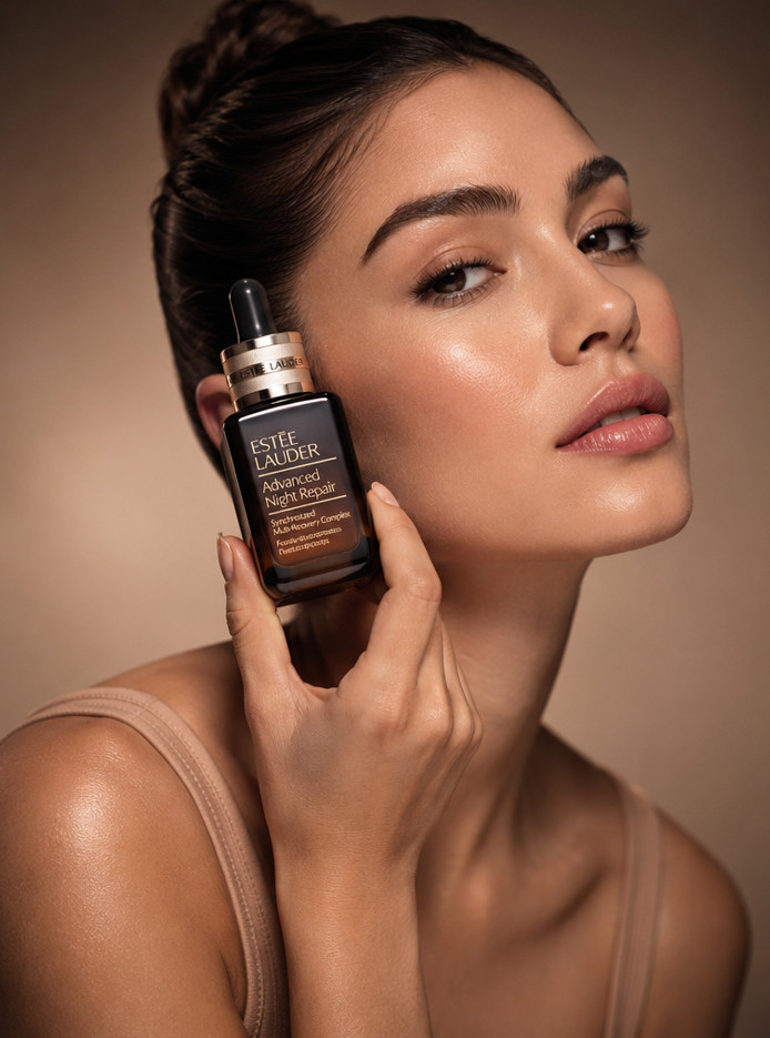 Mujer posando con producto cosmético